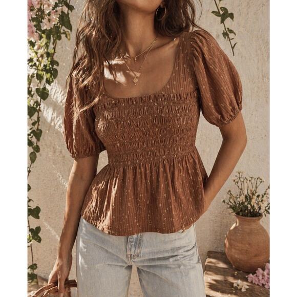 Madewell Tops - Madewell Smocked Puff Sleeve Top Rust Brown Cotton Babydoll Blouse Size 4 READ